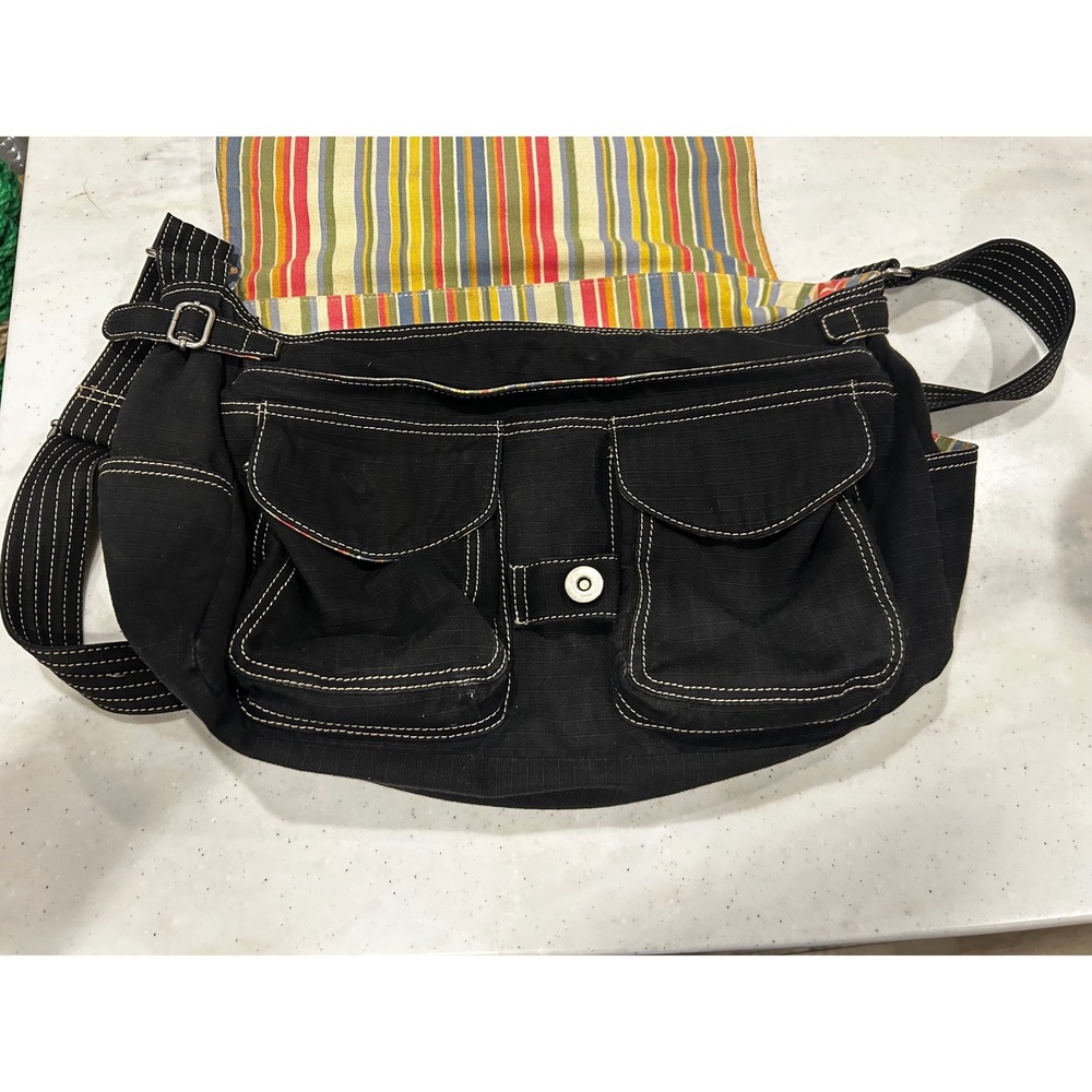 Vintage Fossil Black Canvas Messenger Bag Crossbody Cream Stitch St Moritz RARE